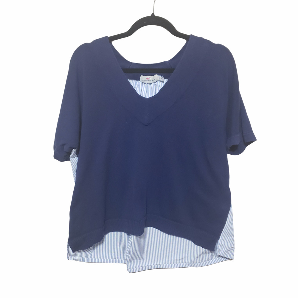 Vineyard Vines Mixed Media V-Neck Sweater Short Sleeve Size Medium Navy Blue